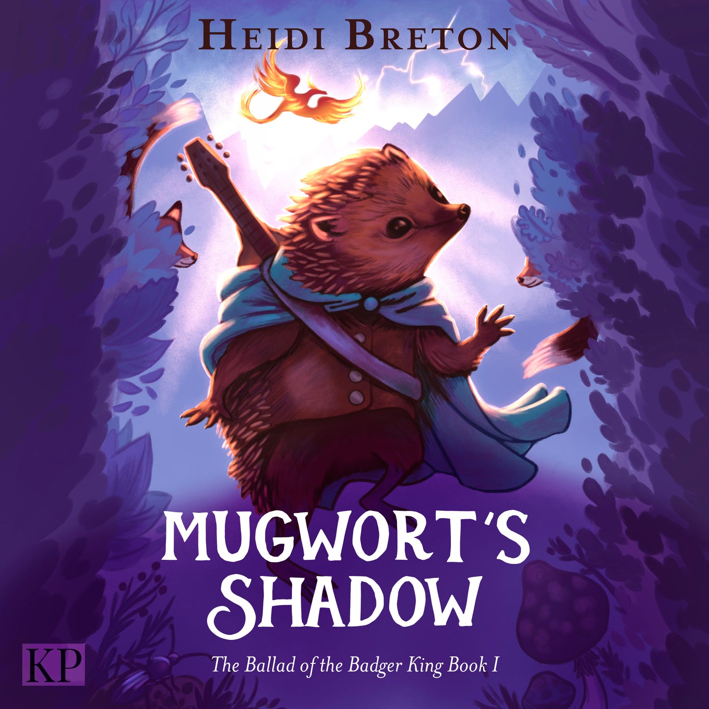 Book cover of 'Mugwort's Shadow' by Heidi Breton with a hedgehog walking through a dark forest.