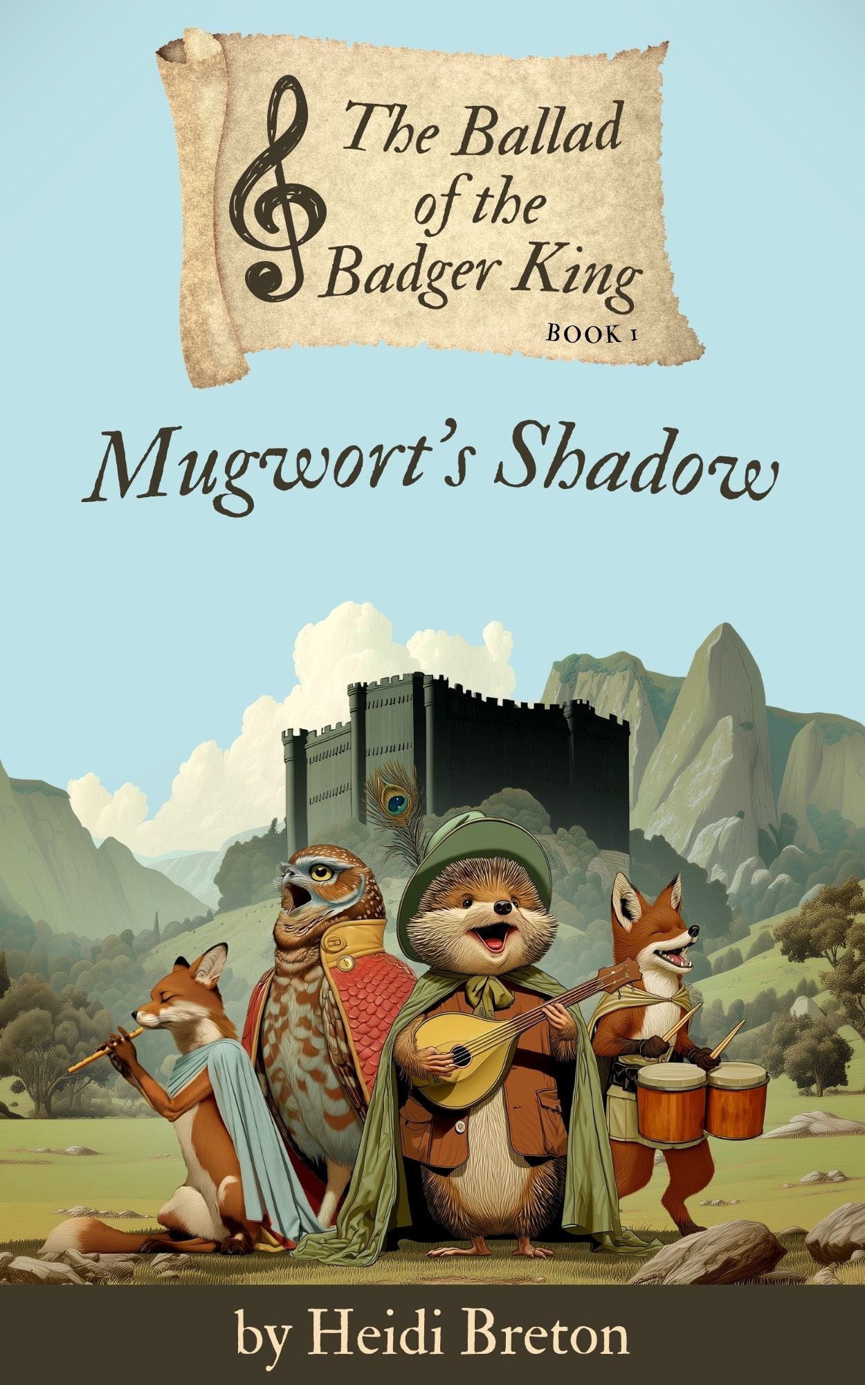 Book cover of 'The Ballad of the Badger King: Mugwort's Shadow' with animal characters and a castle in the background.